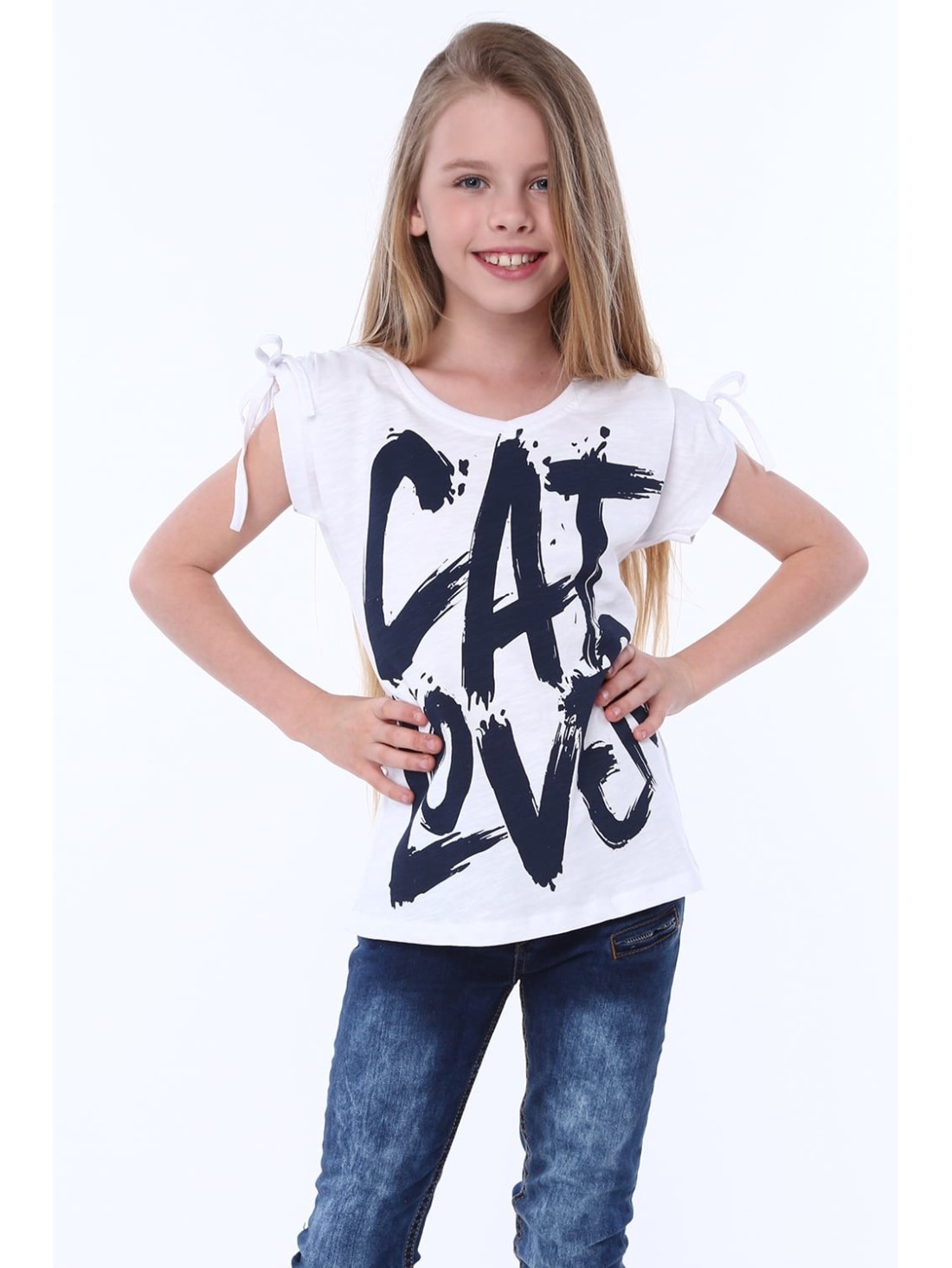 Girls\' blouse with short sleeves and an inscription, white NDZ81690 - Online store - Boutique